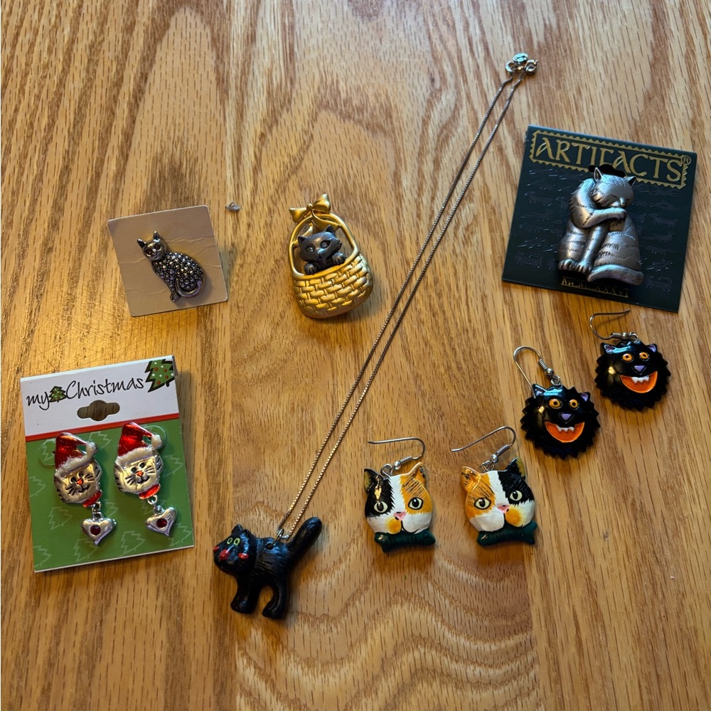 Cat Lovers Lot Of Cat Themed Jewelry: Necklace, 3 Pair Earrings, 3 Pins